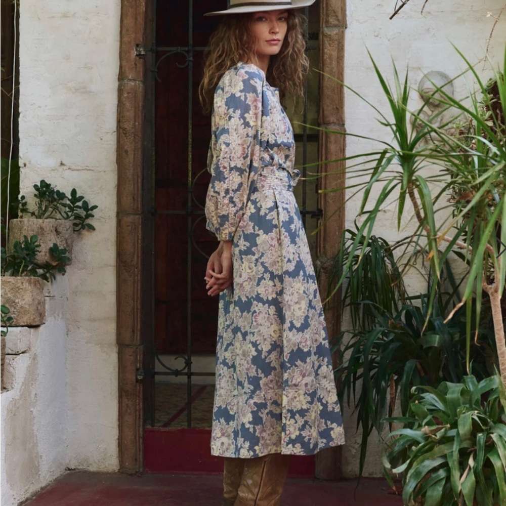 THE GREAT. Blue and Cream Floral Long Sleeve Dress